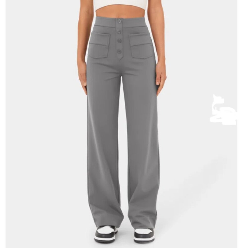 High Waisted Button Multiple Pockets Straight Leg Casual Pants